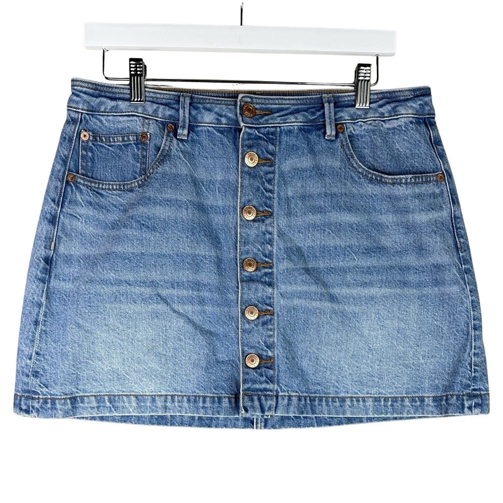 American Eagle Women's Blue Denim Button-Front Mini Skirt Pockets size 12
